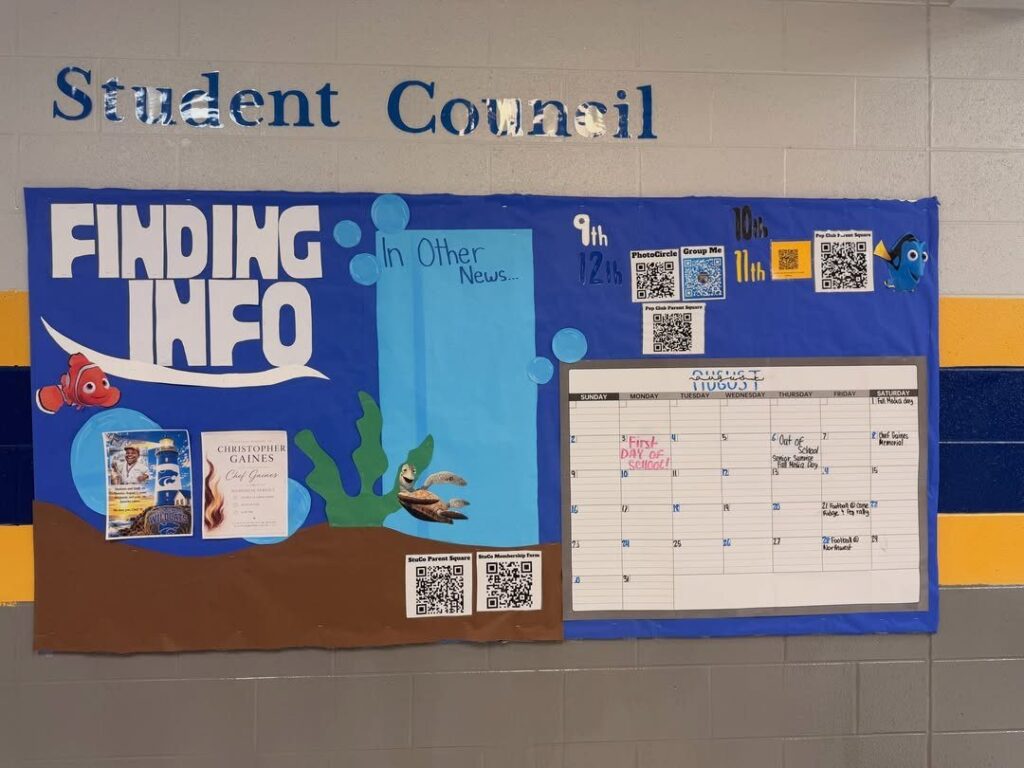 Underwater themed bulletin board featuring a large monthly calendar and student council information.