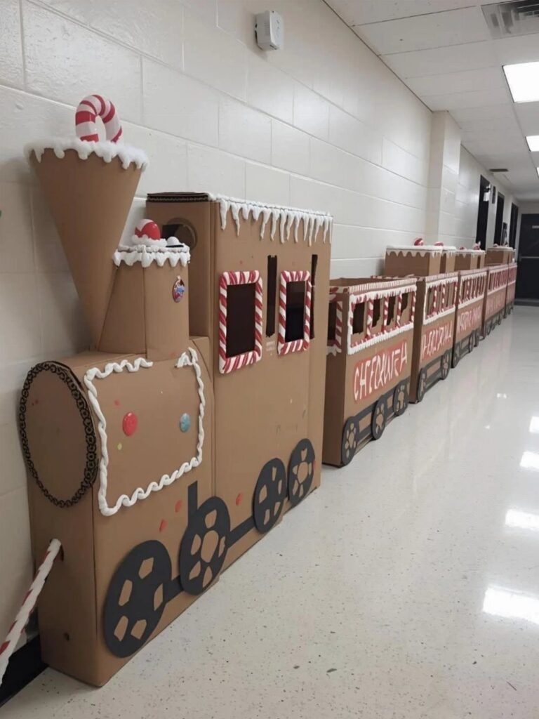 Cardboard train decorated with candy canes and snow in a school hallway