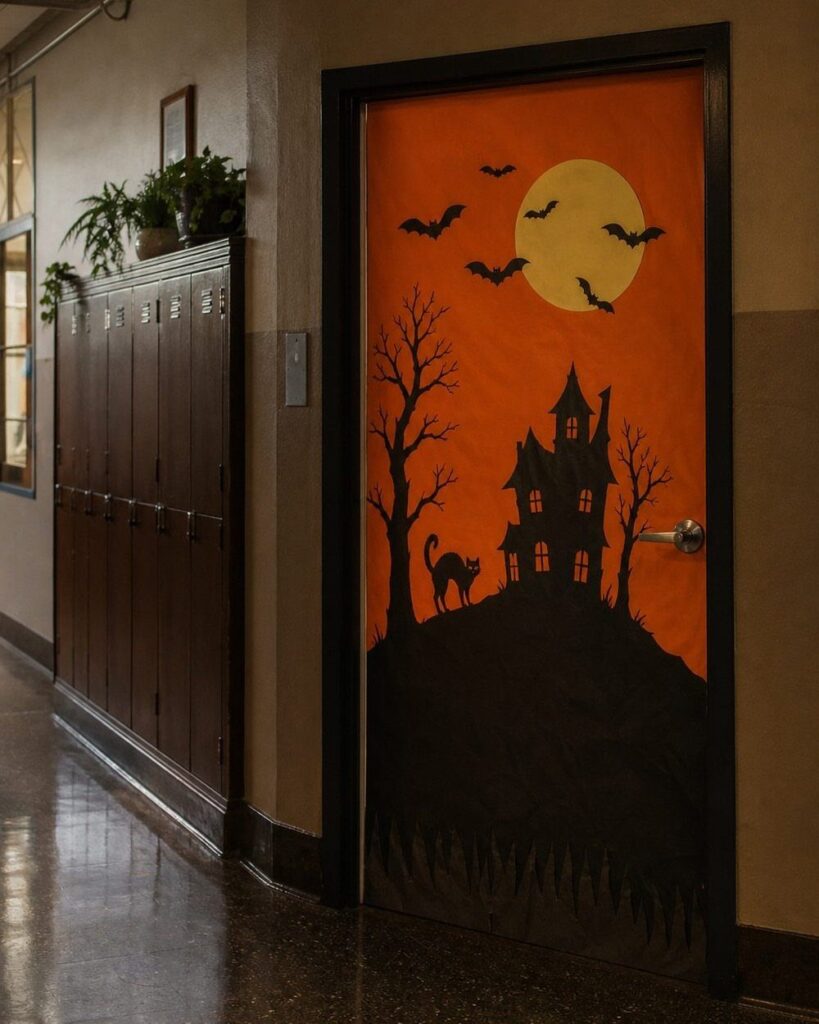 Classroom door decorated with a Halloween scene featuring a haunted house and bats.