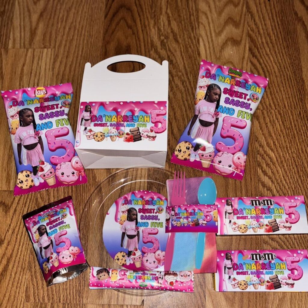 Custom party favors including chip bags and a gift box with pink themes.