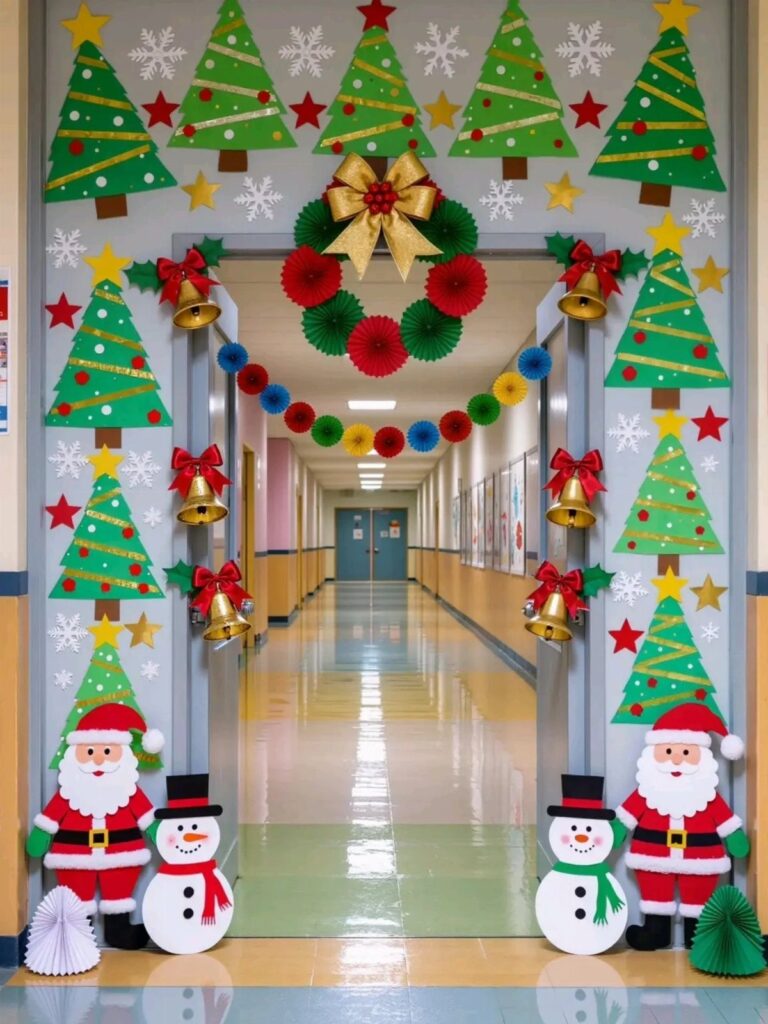 Christmas decorated classroom doorway with paper trees, Santa, snowmen, and a red wreath.