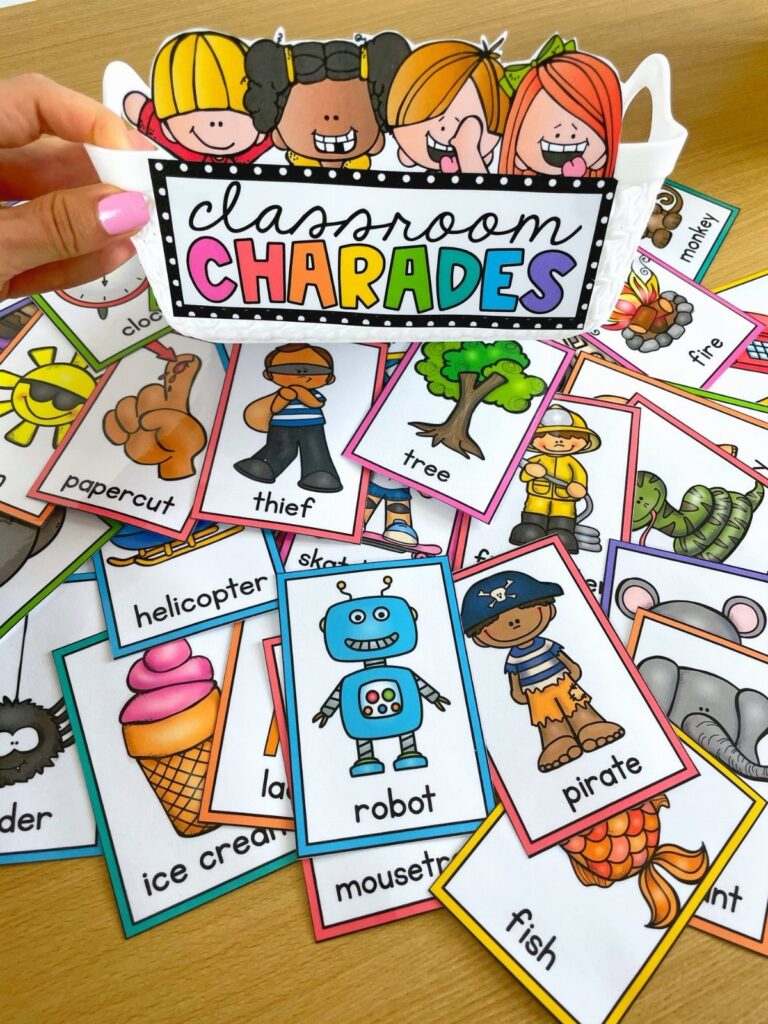 Classroom charades game set with illustrated prompt cards and a themed basket.