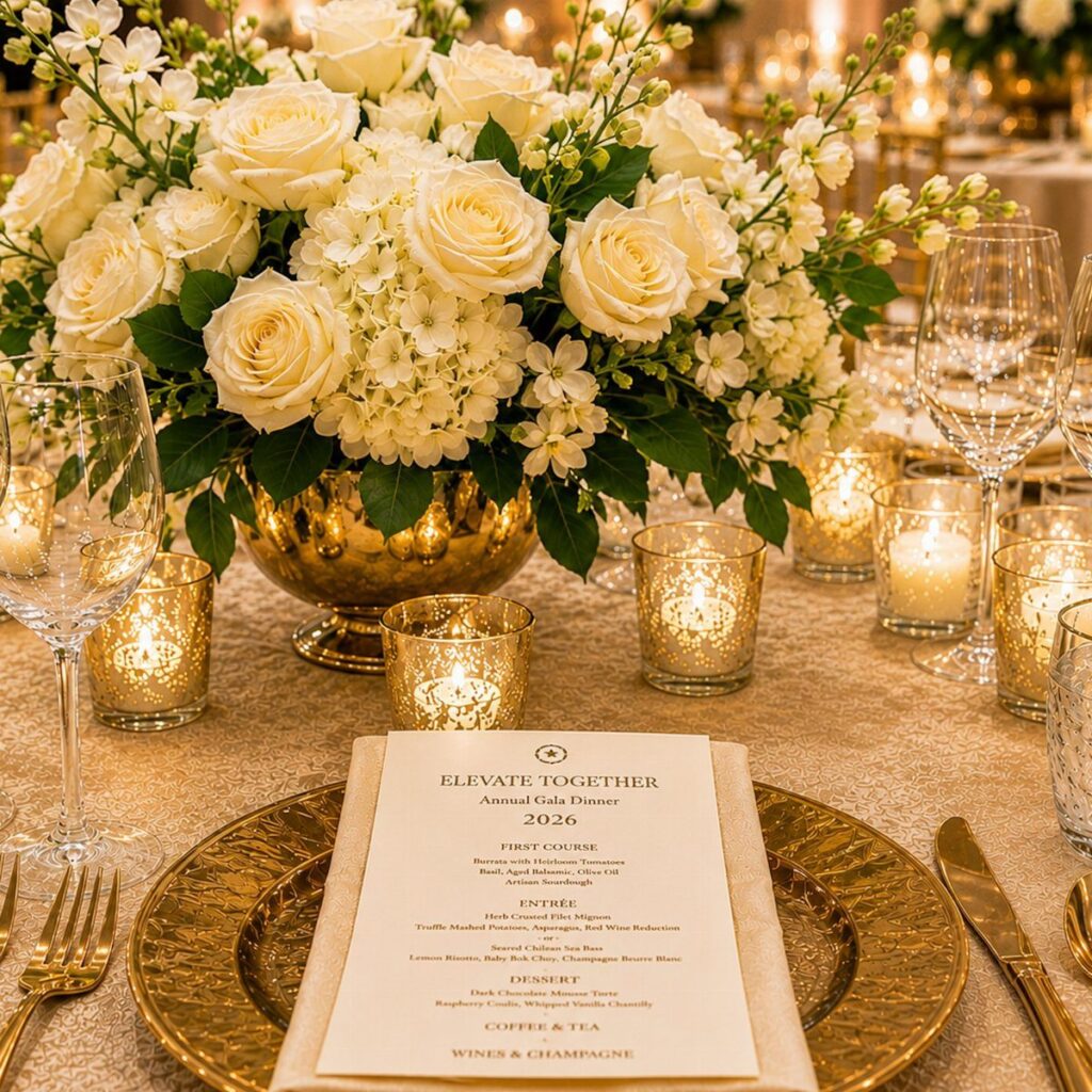 Elegant gala table setting with white floral centerpiece, gold plates, and glowing candles.