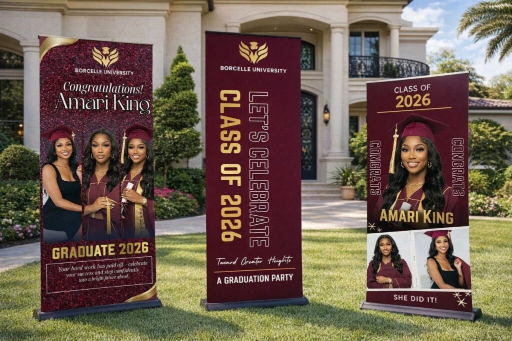 Three maroon graduation banners with photos and name Amari King on a lawn.