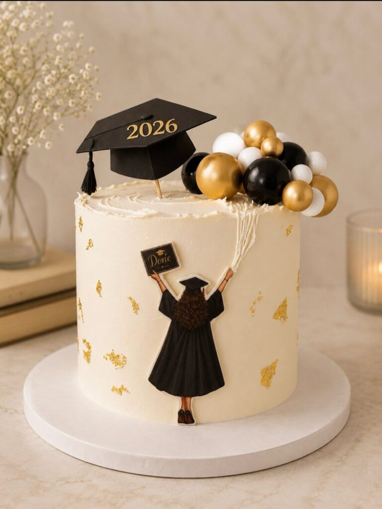 White graduation cake decorated with a black cap, gold balloons, and graduate cutout.