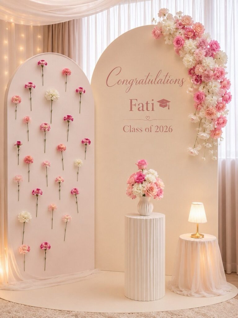 Graduation party backdrop with beige arched panels, pink flowers, and congratulatory text.