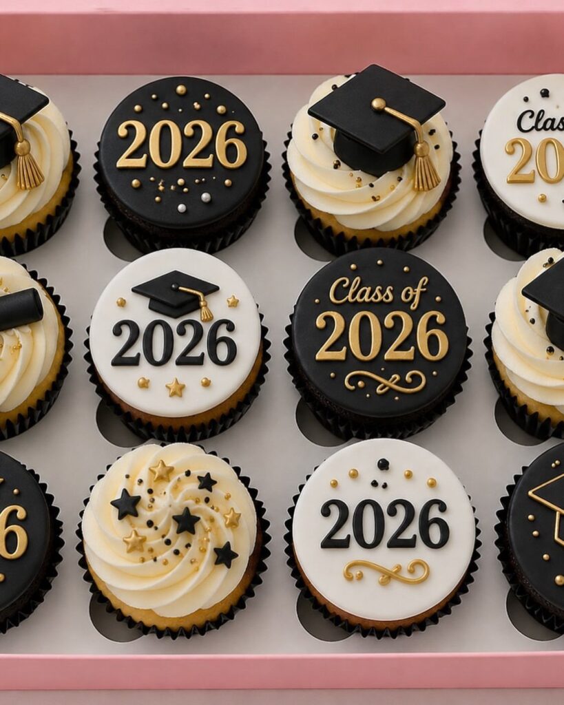 Graduation cupcakes with black and white frosting, gold 2026 text, and miniature caps.