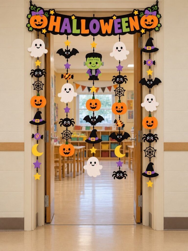 Halloween classroom doorway decorations with a festive banner and hanging spooky character garlands.