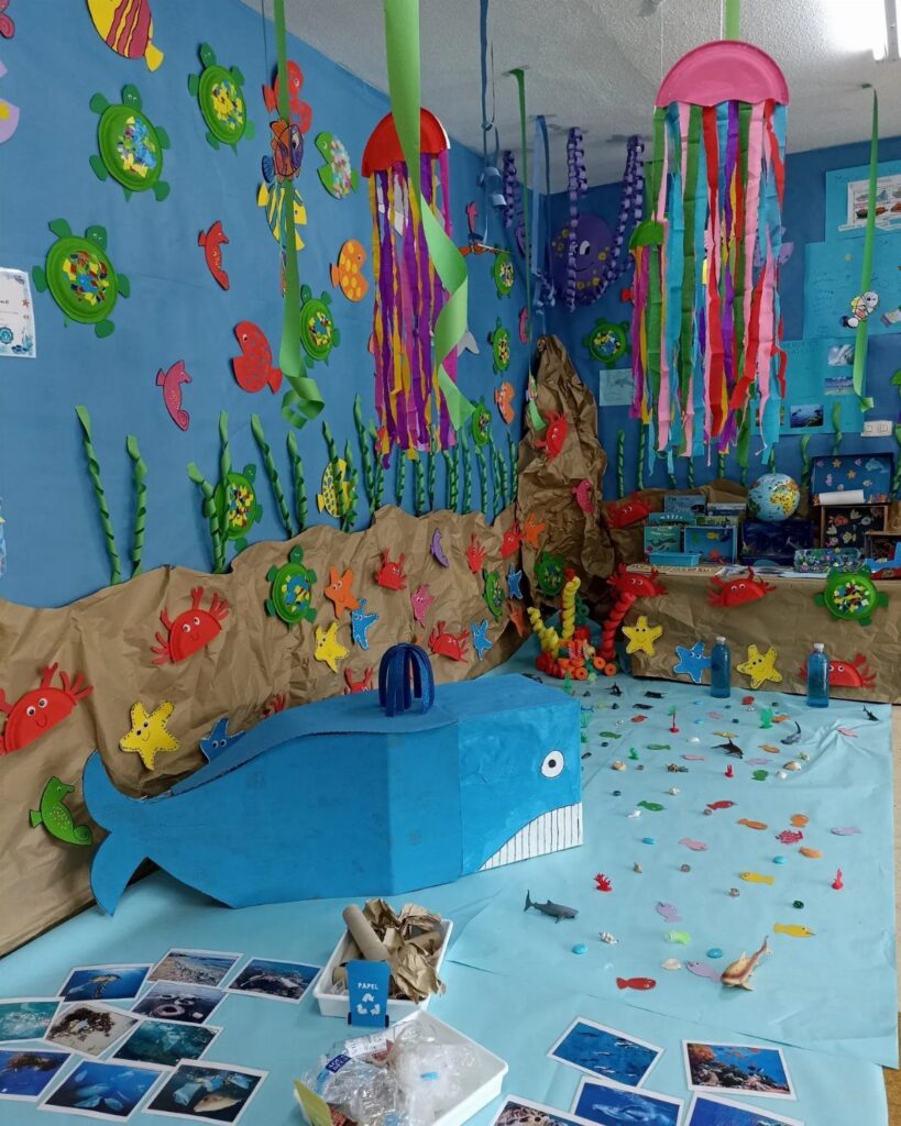 Underwater themed classroom with blue walls, hanging jellyfish, and a large blue whale.