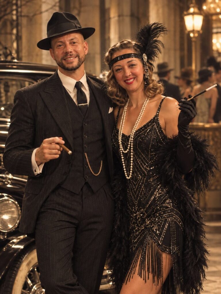Couple in 1920s flapper and pinstripe suit attire posing by a vintage car.