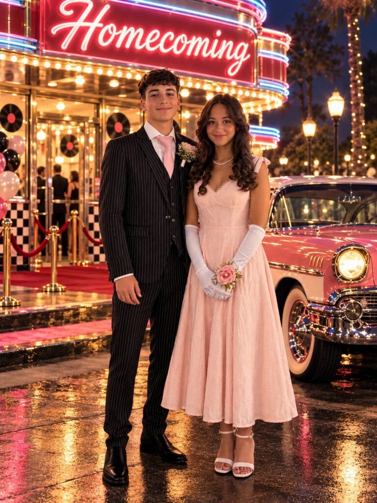 Young couple in vintage formal wear posing by a pink car and neon sign.