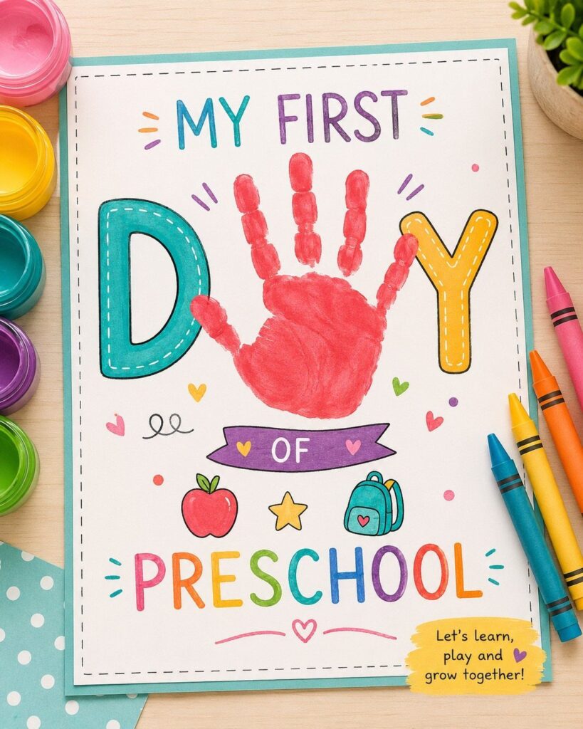 Preschool first day card with a red handprint, crayons, and paint pots.