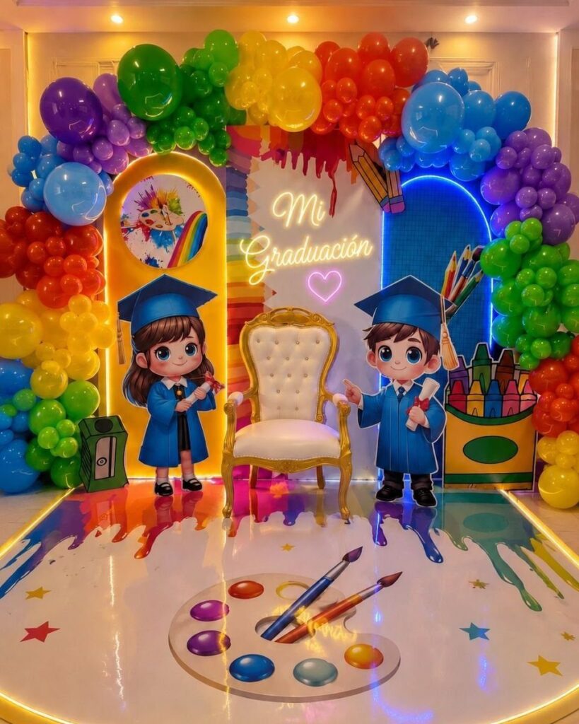 Rainbow balloon arch surrounding a graduation backdrop with cartoon children and a chair.