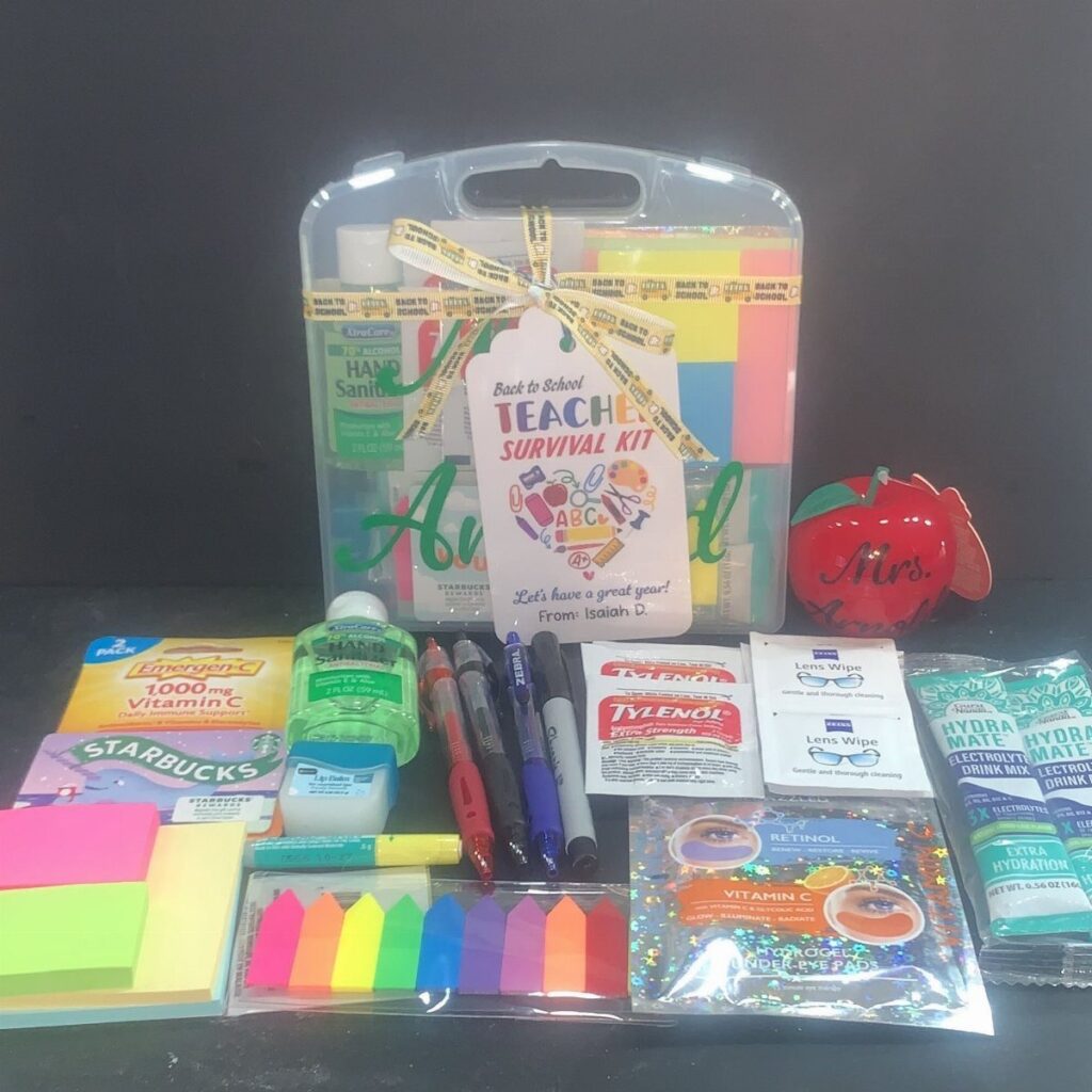 Teacher survival kit with school supplies, medicine, and snacks arranged around a plastic bin.