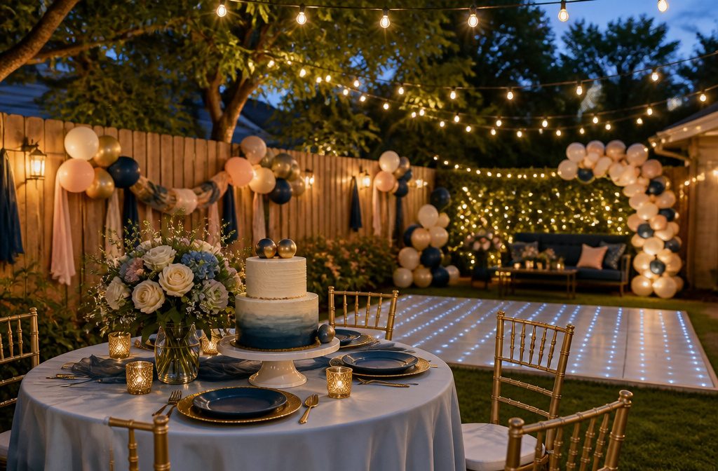 A vibrant backyard decorated with twinkling fairy lights at twilight.
