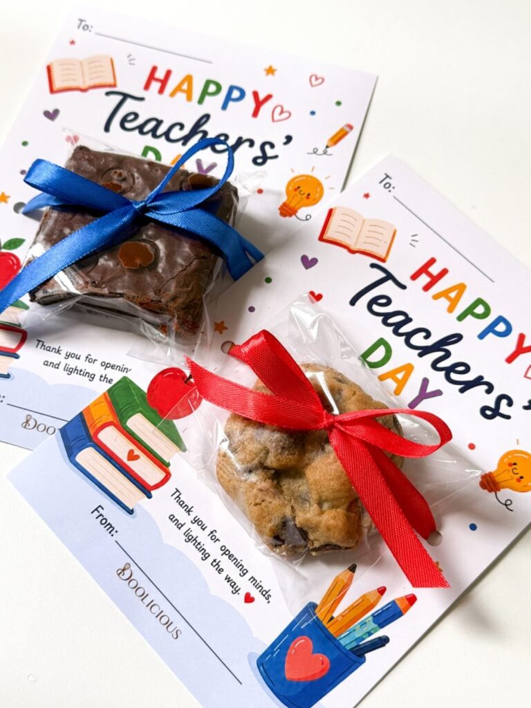 Wrapped brownie and cookie on Happy Teachers' Day cards with colorful ribbons.