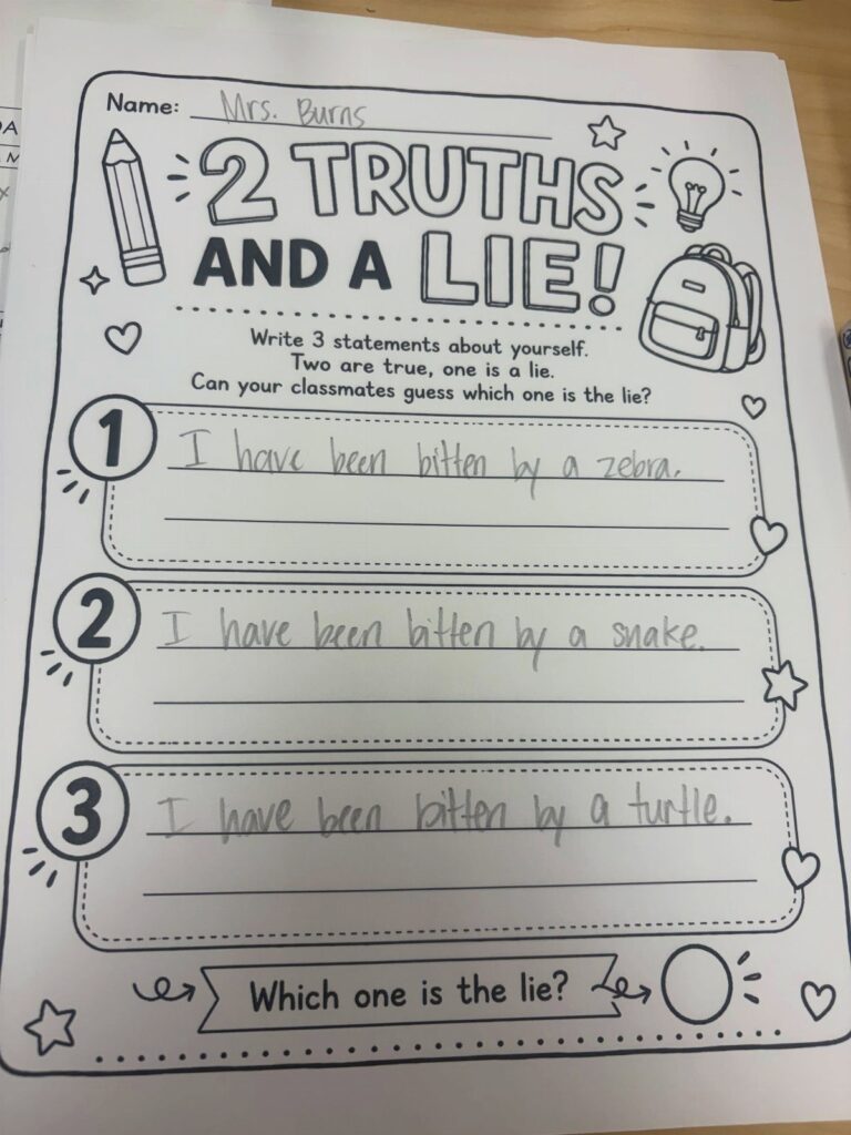 Two Truths and a Lie worksheet with handwritten statements about animal bites.
